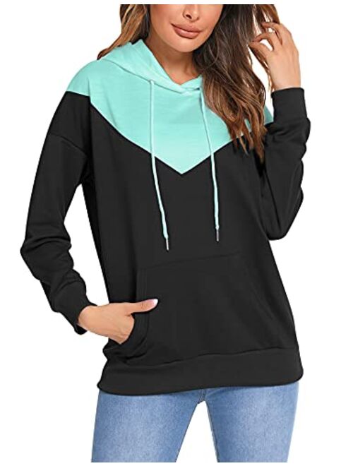 LOLLO VITA Long Sleeve Hoodies for Women Pullover Color Block Tops Drawstring Hooded Sweatshirt with Pocket