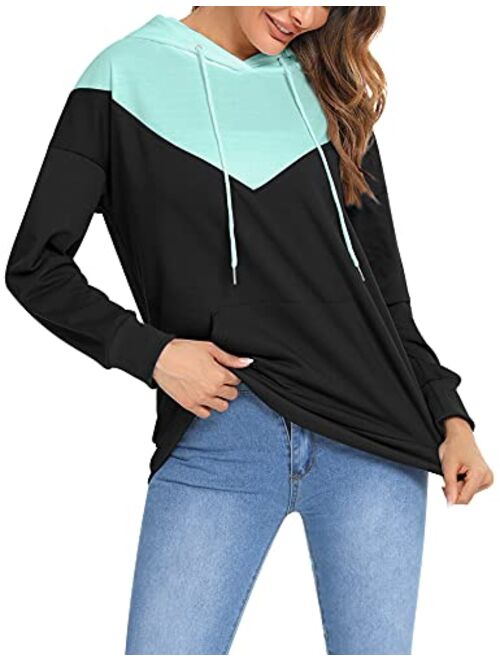 LOLLO VITA Long Sleeve Hoodies for Women Pullover Color Block Tops Drawstring Hooded Sweatshirt with Pocket