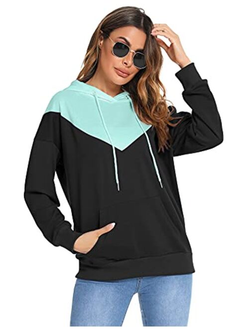 LOLLO VITA Long Sleeve Hoodies for Women Pullover Color Block Tops Drawstring Hooded Sweatshirt with Pocket