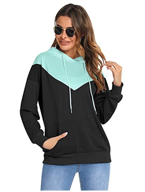 LOLLO VITA Long Sleeve Hoodies for Women Pullover Color Block Tops Drawstring Hooded Sweatshirt with Pocket