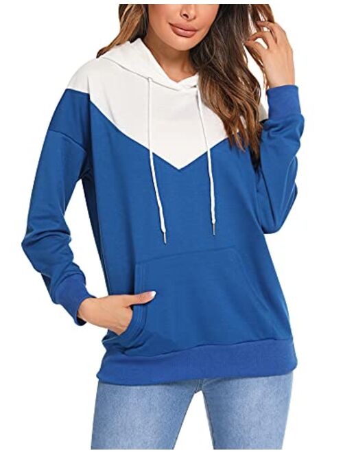 LOLLO VITA Long Sleeve Hoodies for Women Pullover Color Block Tops Drawstring Hooded Sweatshirt with Pocket