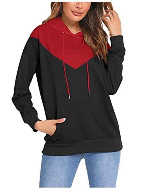 LOLLO VITA Long Sleeve Hoodies for Women Pullover Color Block Tops Drawstring Hooded Sweatshirt with Pocket