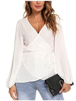 LOLLO VITA Womens Chiffon Blouses Casual Long Lantern Sleeve Shirts V Neck Fashion Tops