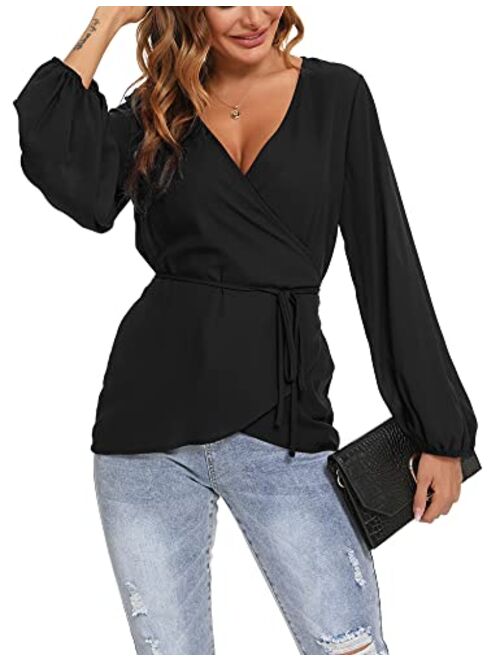 LOLLO VITA Womens Chiffon Blouses Casual Long Lantern Sleeve Shirts V Neck Fashion Tops