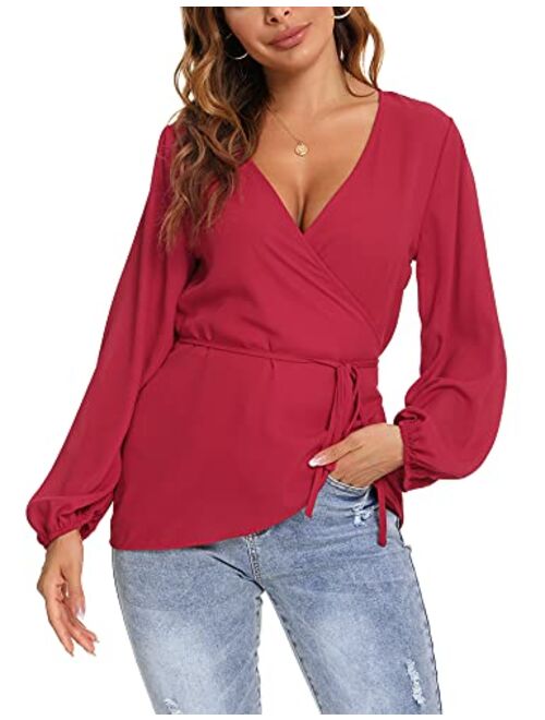 LOLLO VITA Womens Chiffon Blouses Casual Long Lantern Sleeve Shirts V Neck Fashion Tops