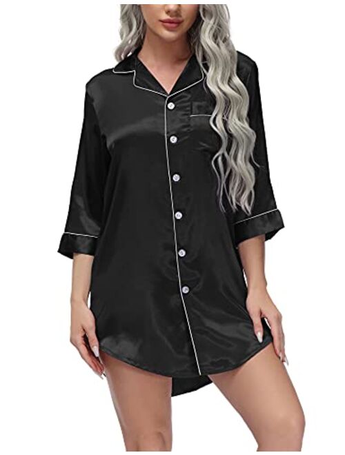 Buy LOLLO VITA Women's Satin Nightshirt Button Down Nightgowns 3/4 ...