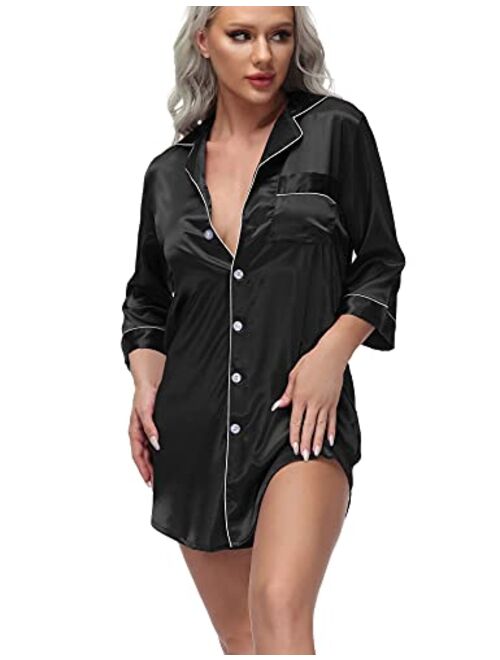 LOLLO VITA Women's Satin Nightshirt Button Down Nightgowns 3/4 Sleeve Sexy Sleepshirt