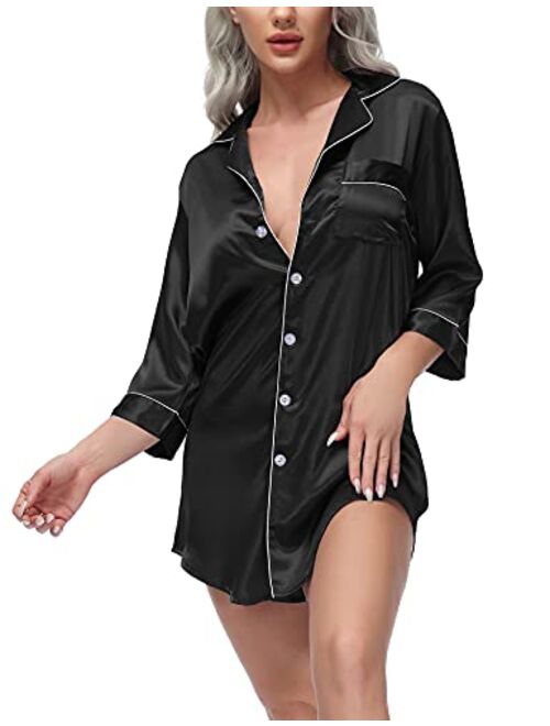 LOLLO VITA Women's Satin Nightshirt Button Down Nightgowns 3/4 Sleeve Sexy Sleepshirt