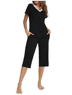 LOLLO VITA Women's Capri Pajamas Set Lace V-Neck Sleepwear Short Sleeve Top and Capris Pants Pjs Loungewear Sets