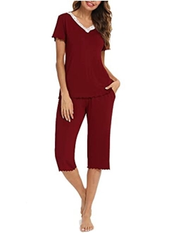 LOLLO VITA Women's Capri Pajamas Set Lace V-Neck Sleepwear Short Sleeve Top and Capris Pants Pjs Loungewear Sets