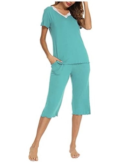 LOLLO VITA Women's Capri Pajamas Set Lace V-Neck Sleepwear Short Sleeve Top and Capris Pants Pjs Loungewear Sets