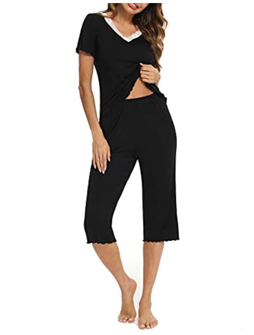 LOLLO VITA Women's Capri Pajamas Set Lace V-Neck Sleepwear Short Sleeve Top and Capris Pants Pjs Loungewear Sets