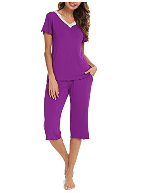 LOLLO VITA Women's Capri Pajamas Set Lace V-Neck Sleepwear Short Sleeve Top and Capris Pants Pjs Loungewear Sets