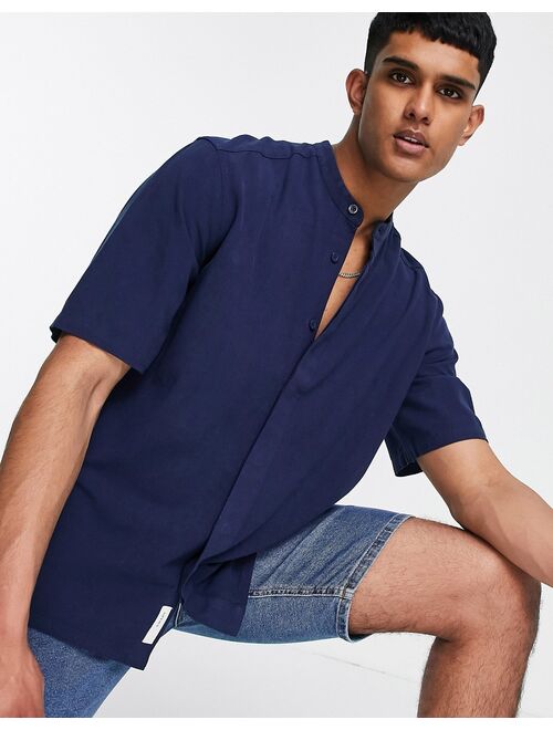 Only & Sons short sleeve oversized shirt with grandad collar in navy