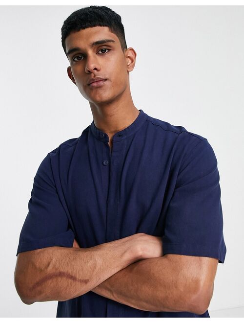 Only & Sons short sleeve oversized shirt with grandad collar in navy