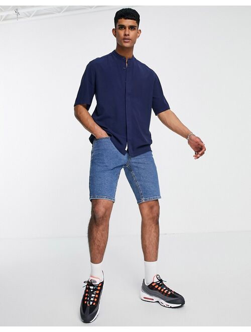 Only & Sons short sleeve oversized shirt with grandad collar in navy