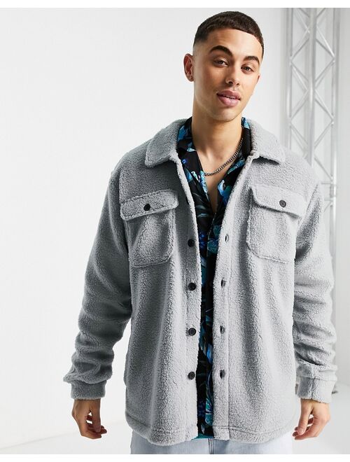 Only & Sons borg overshirt with chest pockets in gray