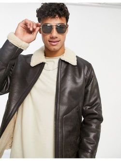 aviator jacket in brown faux shearling