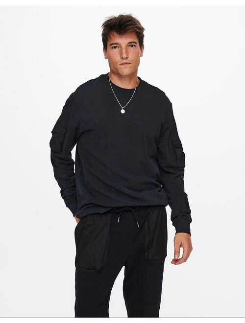 Only & Sons crew neck sweatshirt with sleeve pockets in washed black - part of a set