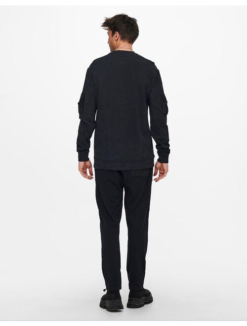 Only & Sons crew neck sweatshirt with sleeve pockets in washed black - part of a set