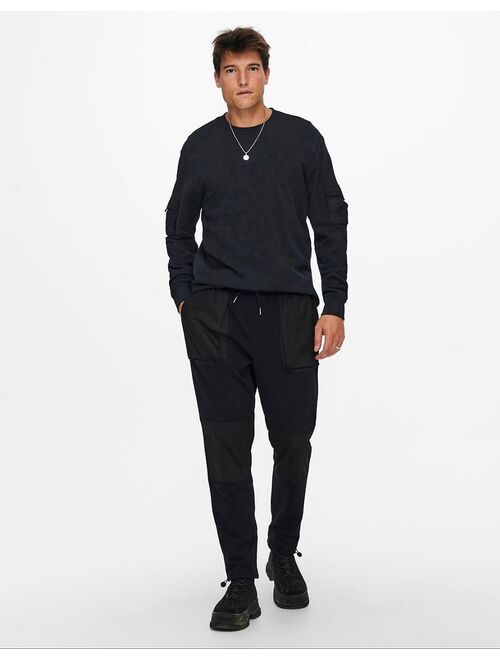 Only & Sons crew neck sweatshirt with sleeve pockets in washed black - part of a set