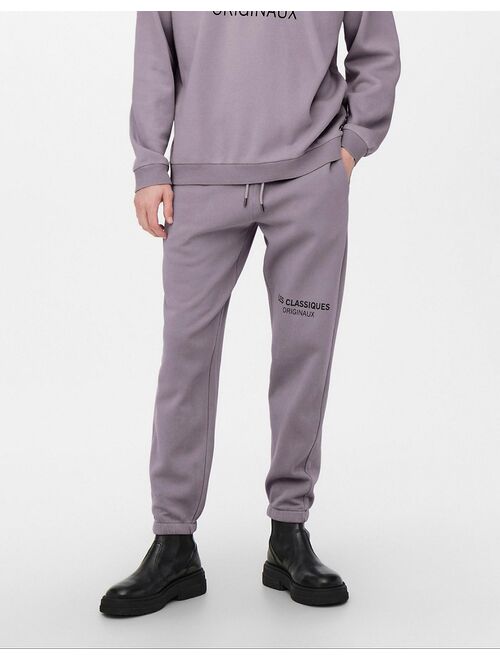 Only & Sons branded logo oversized sweatpants in purple - part of a set