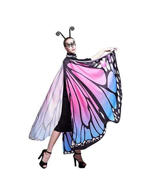 Cairoyar Butterfly Wings Shawl Halloween Costume Ladies Cape 3PCS Butterfly Shawl Party Costume Cloak with Lace Mask Antenna Headband