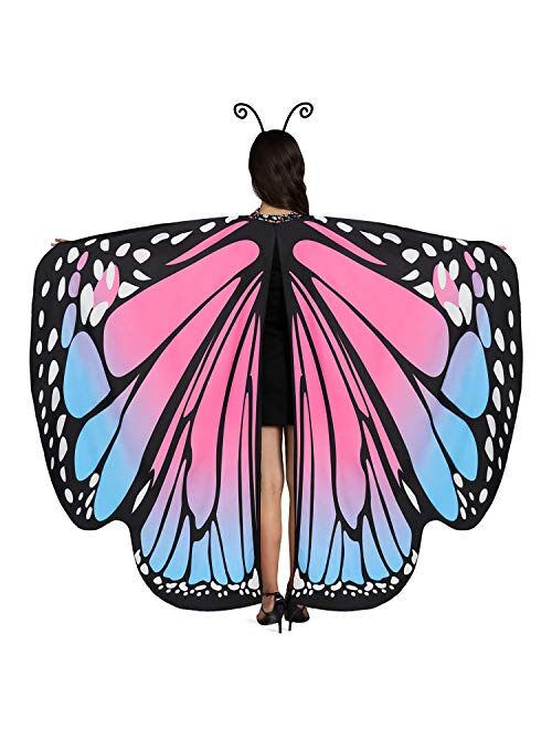 Jeicy Butterfly Wings Shawl Halloween Cloak with Antenna Headband, Fairy Ladies Cape Nymph Pixie Costume