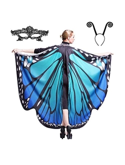 Cocequc Butterfly Wings Halloween Costumes Butterfly Shawl for Women Girls Kids Fairy Ladies Cape with lace mask and Antenna Headband