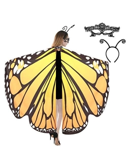 Cocequc Butterfly Wings Halloween Costumes Butterfly Shawl for Women Girls Kids Fairy Ladies Cape with lace mask and Antenna Headband