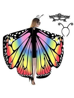 Cocequc Butterfly Wings Halloween Costumes Butterfly Shawl for Women Girls Kids Fairy Ladies Cape with lace mask and Antenna Headband