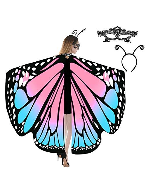 Cocequc Butterfly Wings Halloween Costumes Butterfly Shawl for Women Girls Kids Fairy Ladies Cape with lace mask and Antenna Headband