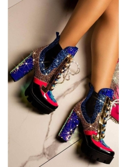 Nell Gold Glitter Platform Chelsea Ankle Boots with Chunky Block Heels for Women Featuring a Sequined Tongue and Heel
