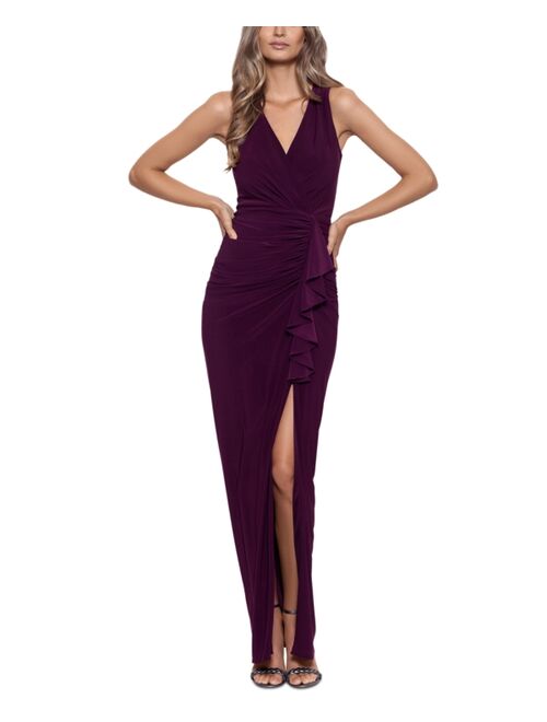 Betsy & Adam Ruffled V-Neck Gown