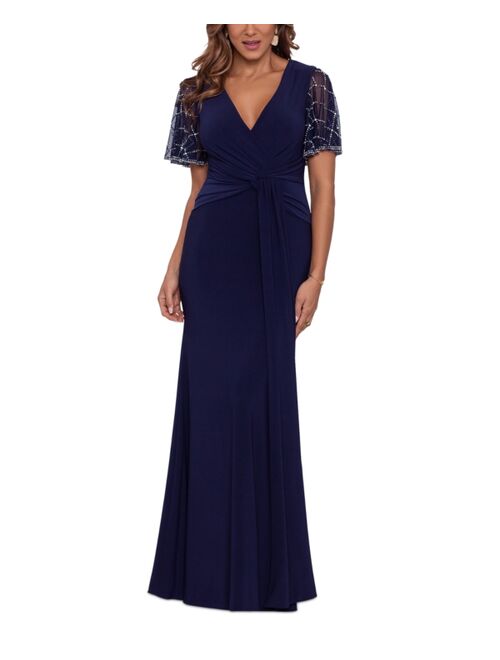 Betsy & Adam Beaded-Sleeve Gown