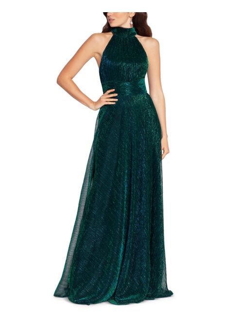 Betsy & Adam Metallic Cutout-Back Halter Gown