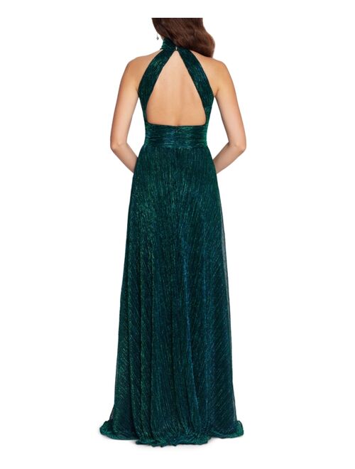 Betsy & Adam Metallic Cutout-Back Halter Gown