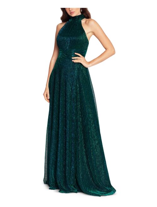 Betsy & Adam Metallic Cutout-Back Halter Gown