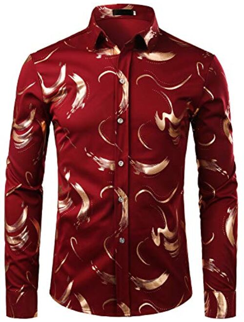 ZEROYAA Men's Hipster Shiny Design Slim Fit Long Sleeve Button Up Party Dress Shirts