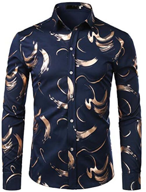 ZEROYAA Men's Hipster Shiny Design Slim Fit Long Sleeve Button Up Party Dress Shirts