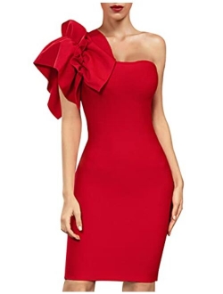 Women's Ruffle One Shoulder Bodycon Dress Knee Length Party Club Bandage Dress