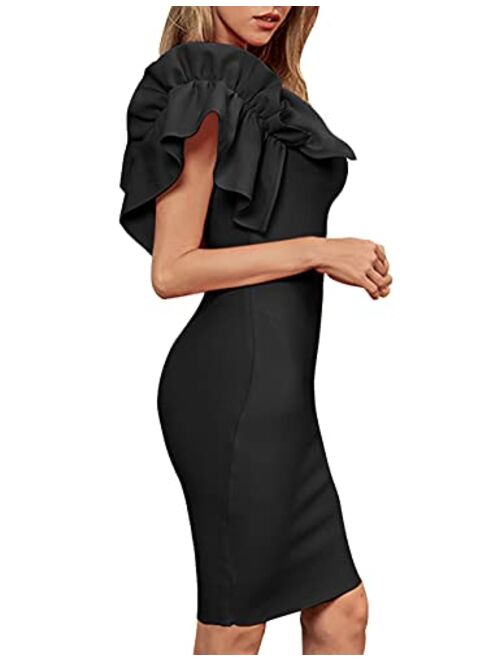 UONBOX Women's Ruffle One Shoulder Bodycon Dress Knee Length Party Club Bandage Dress