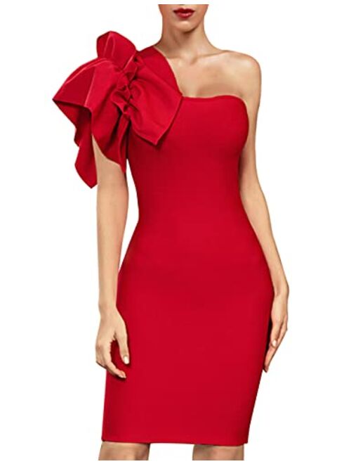 UONBOX Women's Ruffle One Shoulder Bodycon Dress Knee Length Party Club Bandage Dress