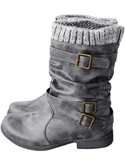 Beiner Womens Mid Calf Winter Slouchy Low Block Heel Faux Leather Riding Booties with Buckle