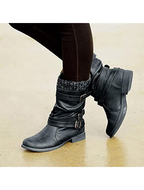 Beiner Womens Mid Calf Winter Slouchy Low Block Heel Faux Leather Riding Booties with Buckle