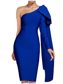 Women's One Shoulder Bowknot Long Sleeve Bodycon Knee Length Club Party Bandage Dress