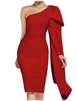 Women's One Shoulder Bowknot Long Sleeve Bodycon Knee Length Club Party Bandage Dress