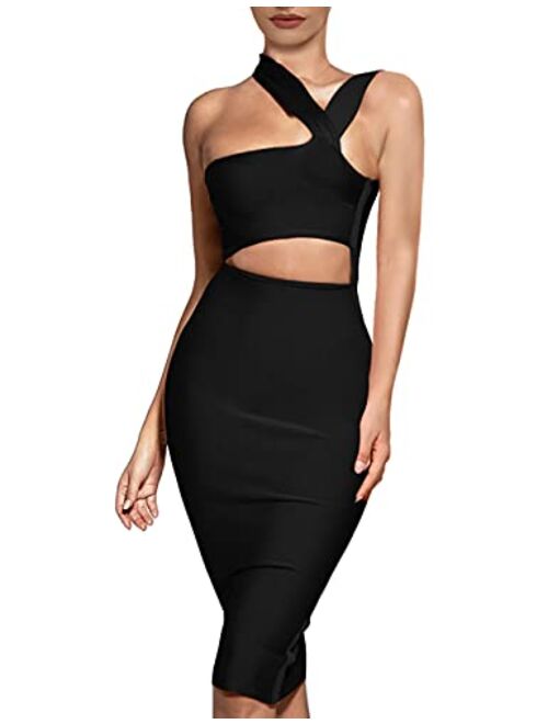 UONBOX Women's Cutout One Shoulder Bodycon Midi Dress Evening Party Club Bandage Dress