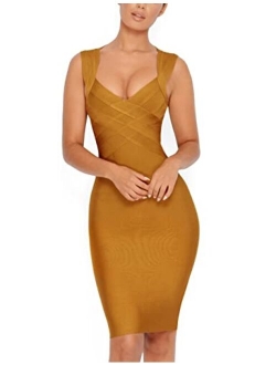 Women's V Neck Bodycon Dress Sexy Sleeveless Knee Length Party Club Bandage Dress