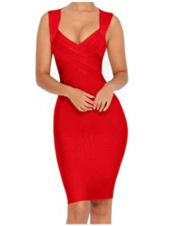 Women's V Neck Bodycon Dress Sexy Sleeveless Knee Length Party Club Bandage Dress